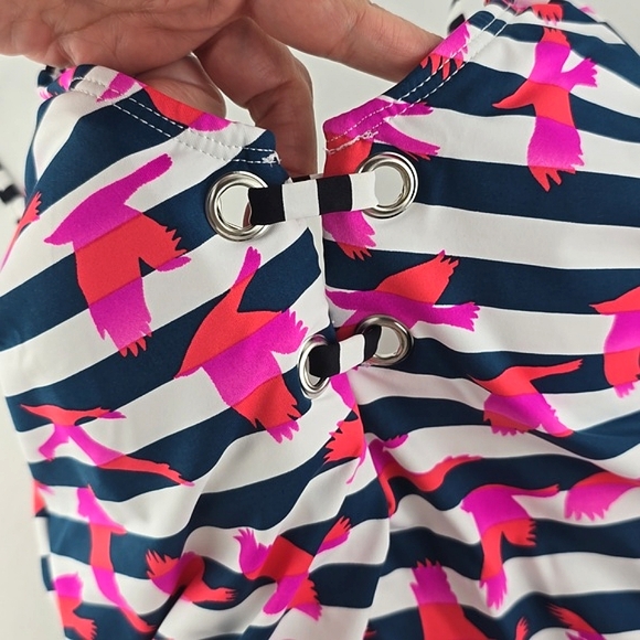 Design Lab Women's One Piece Swimsuit Stripes Bird Print Navy Pink Purple Size M - Picture 3 of 16